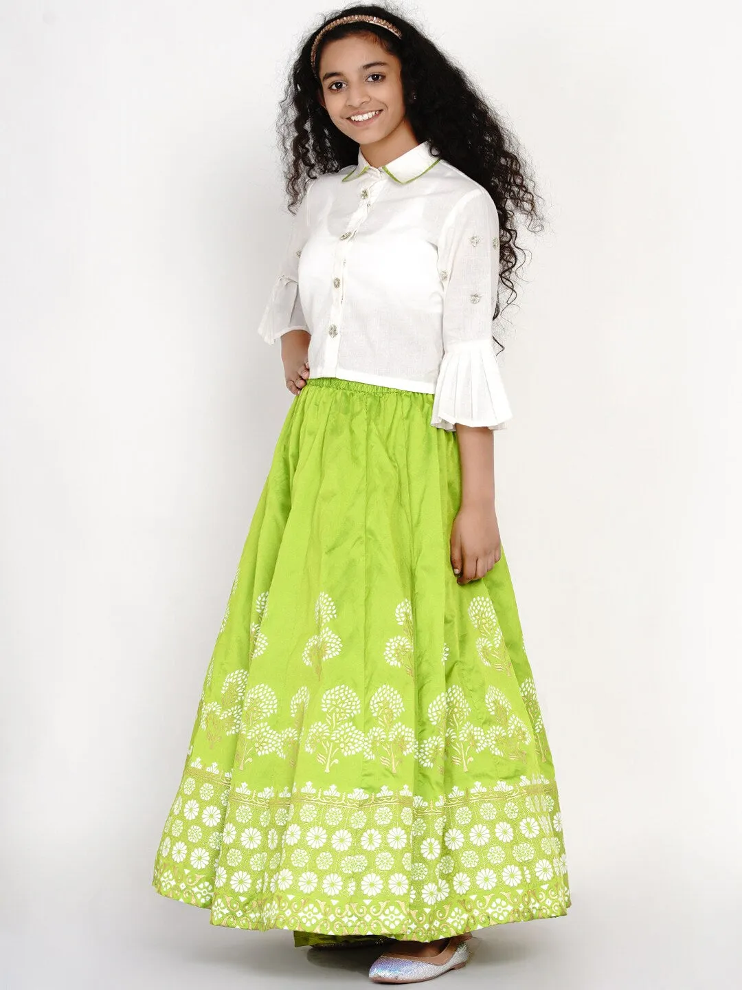 Girls White & Green Block Print Ready To Wear Lehenga & Blouse