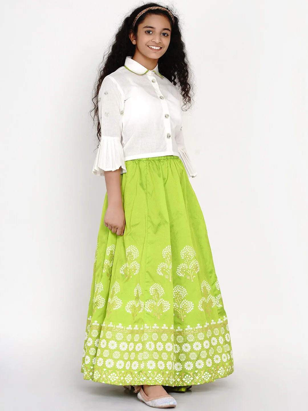Girls White & Green Block Print Ready To Wear Lehenga & Blouse