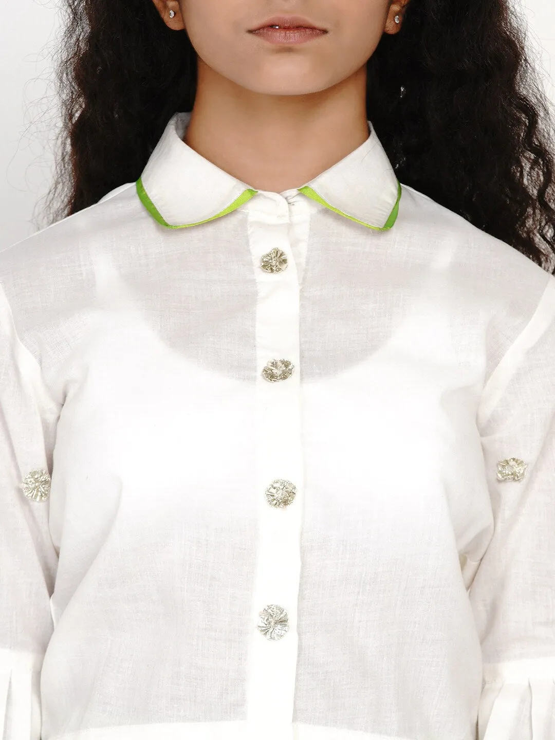 Girls White & Green Block Print Ready To Wear Lehenga & Blouse