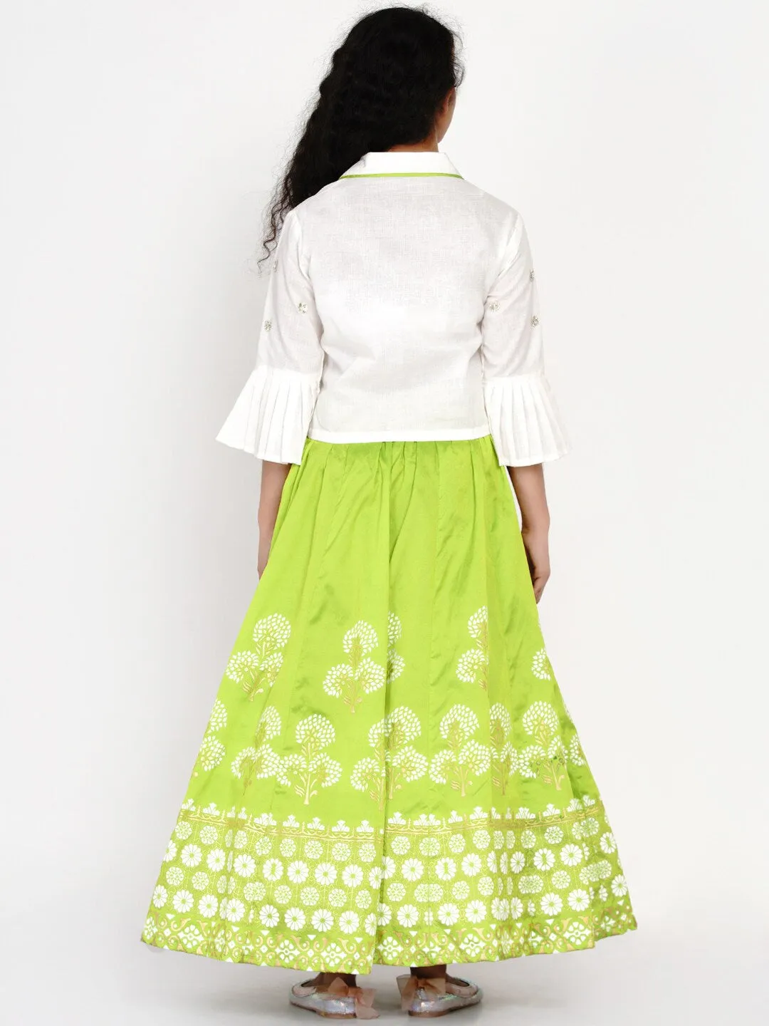 Girls White & Green Block Print Ready To Wear Lehenga & Blouse