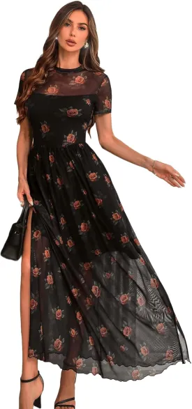 GothDark Women's Mesh Dress Short Sleeve Round Collar Floral Print Waist-Cinched Maxi Summer Casual Dress