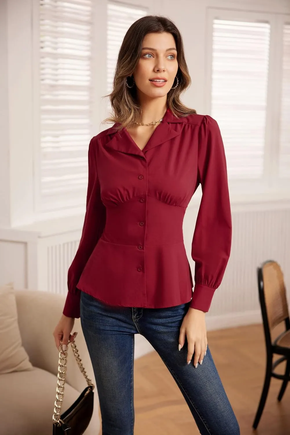 GRACE KARIN Button Down Shirts for Women Summer Peplum Tops Long Sleeve Work Blouse Collared Shirt Dressy Top