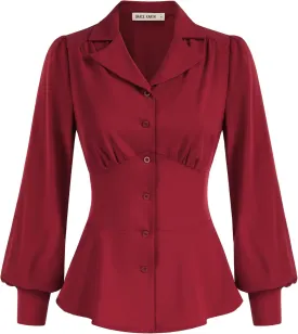 GRACE KARIN Button Down Shirts for Women Summer Peplum Tops Long Sleeve Work Blouse Collared Shirt Dressy Top