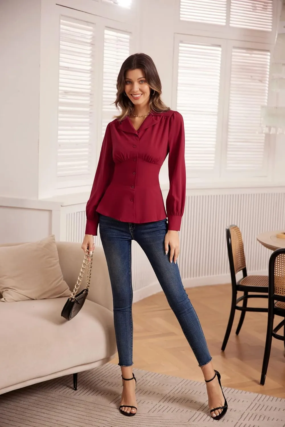 GRACE KARIN Button Down Shirts for Women Summer Peplum Tops Long Sleeve Work Blouse Collared Shirt Dressy Top