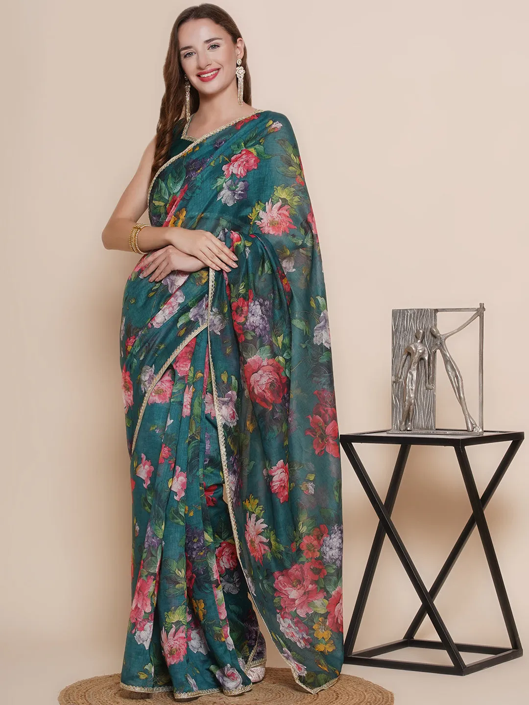 Green Floral Printed Chanderi Sarees with Embellished border