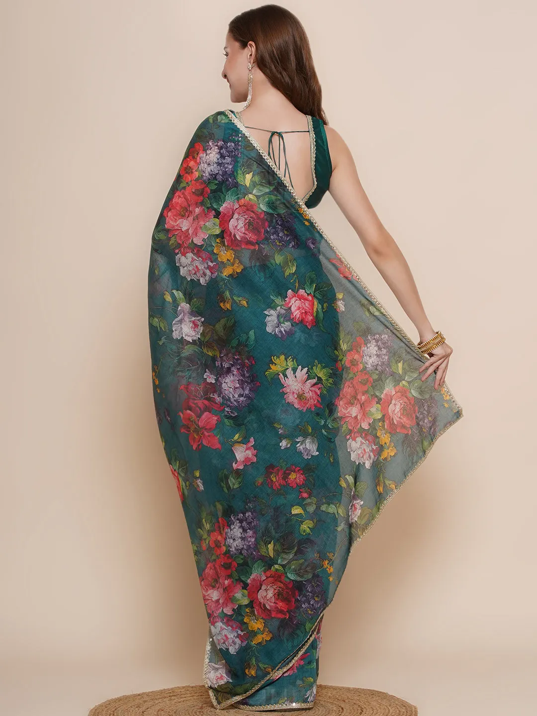 Green Floral Printed Chanderi Sarees with Embellished border