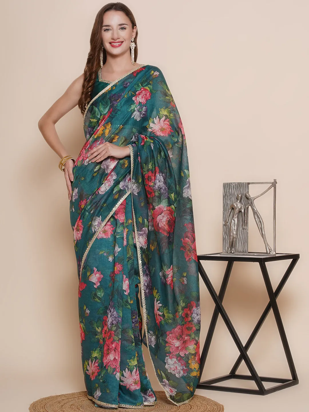 Green Floral Printed Chanderi Sarees with Embellished border