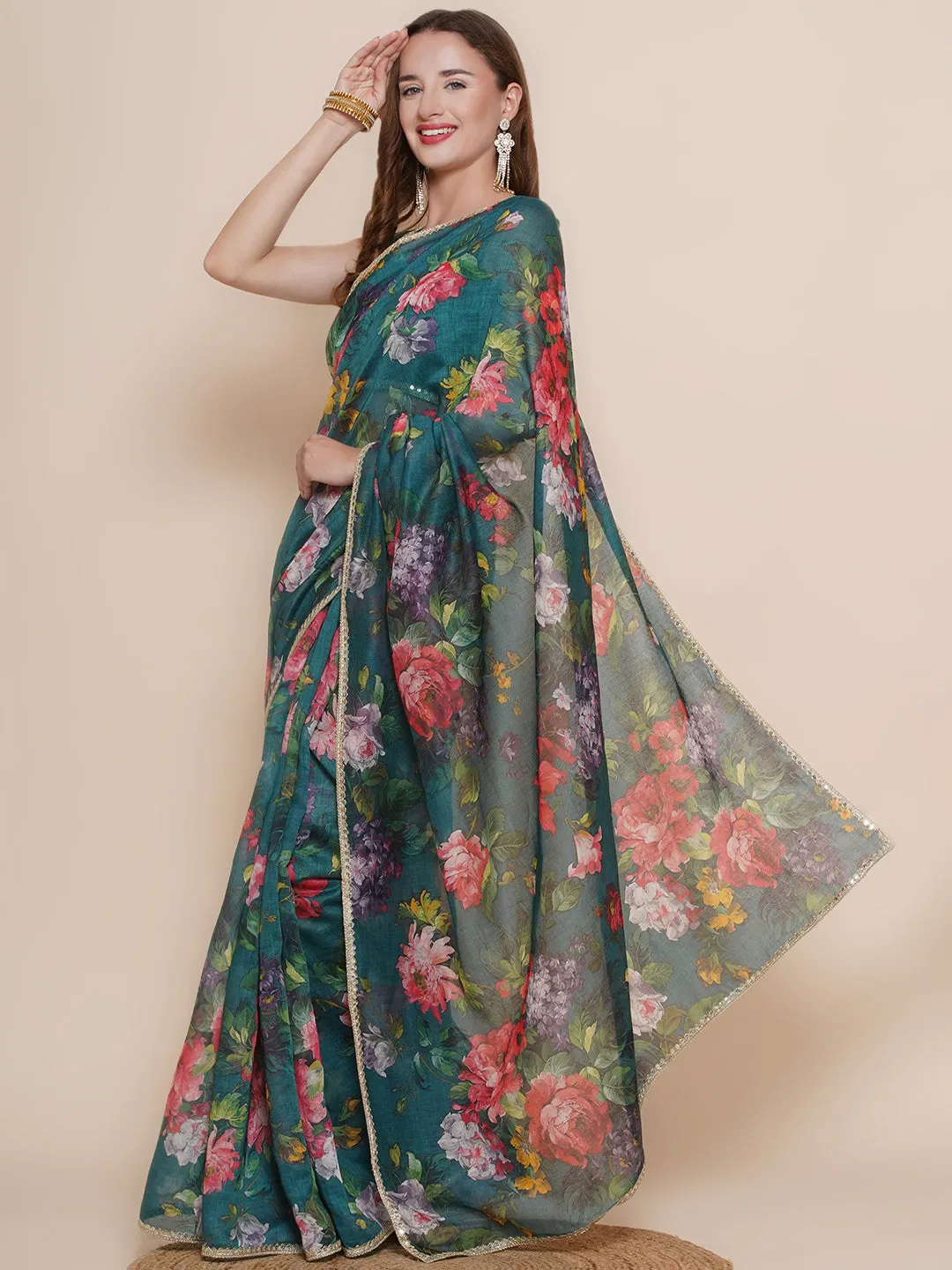 Green Floral Printed Chanderi Sarees with Embellished border