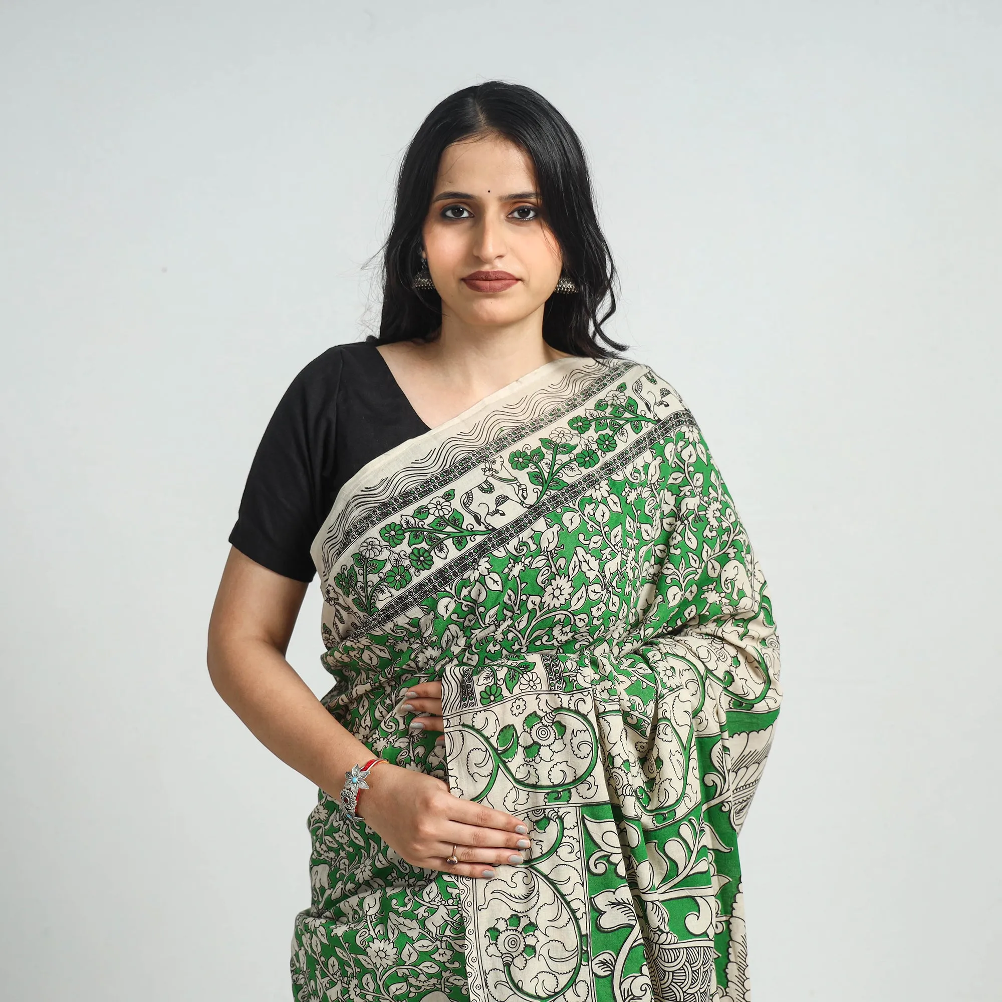 Green - Printed Cotton Kalamkari Saree with Blouse Piece 05