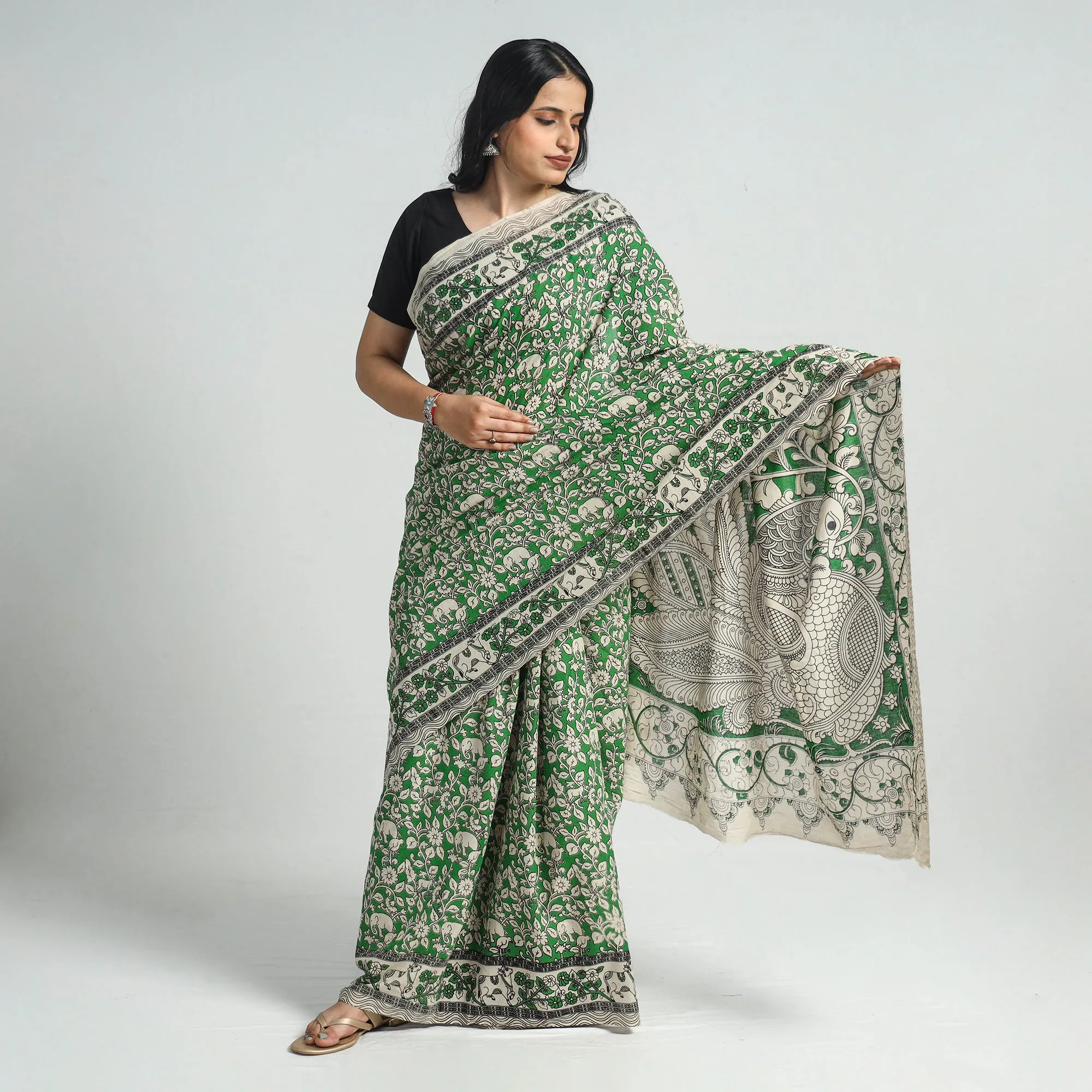 Green - Printed Cotton Kalamkari Saree with Blouse Piece 05