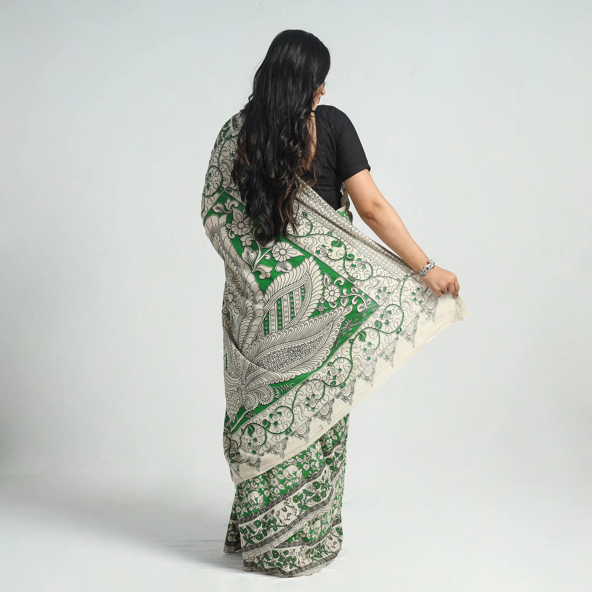 Green - Printed Cotton Kalamkari Saree with Blouse Piece 05