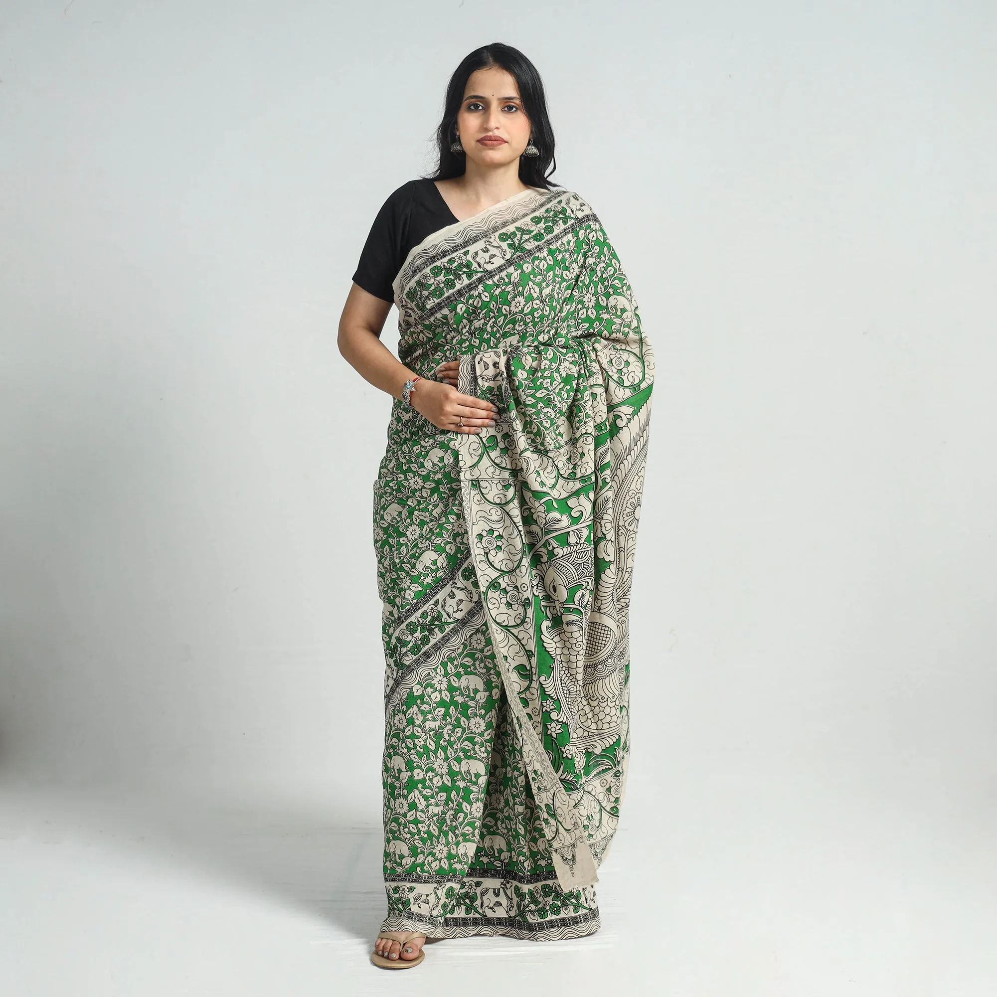 Green - Printed Cotton Kalamkari Saree with Blouse Piece 05
