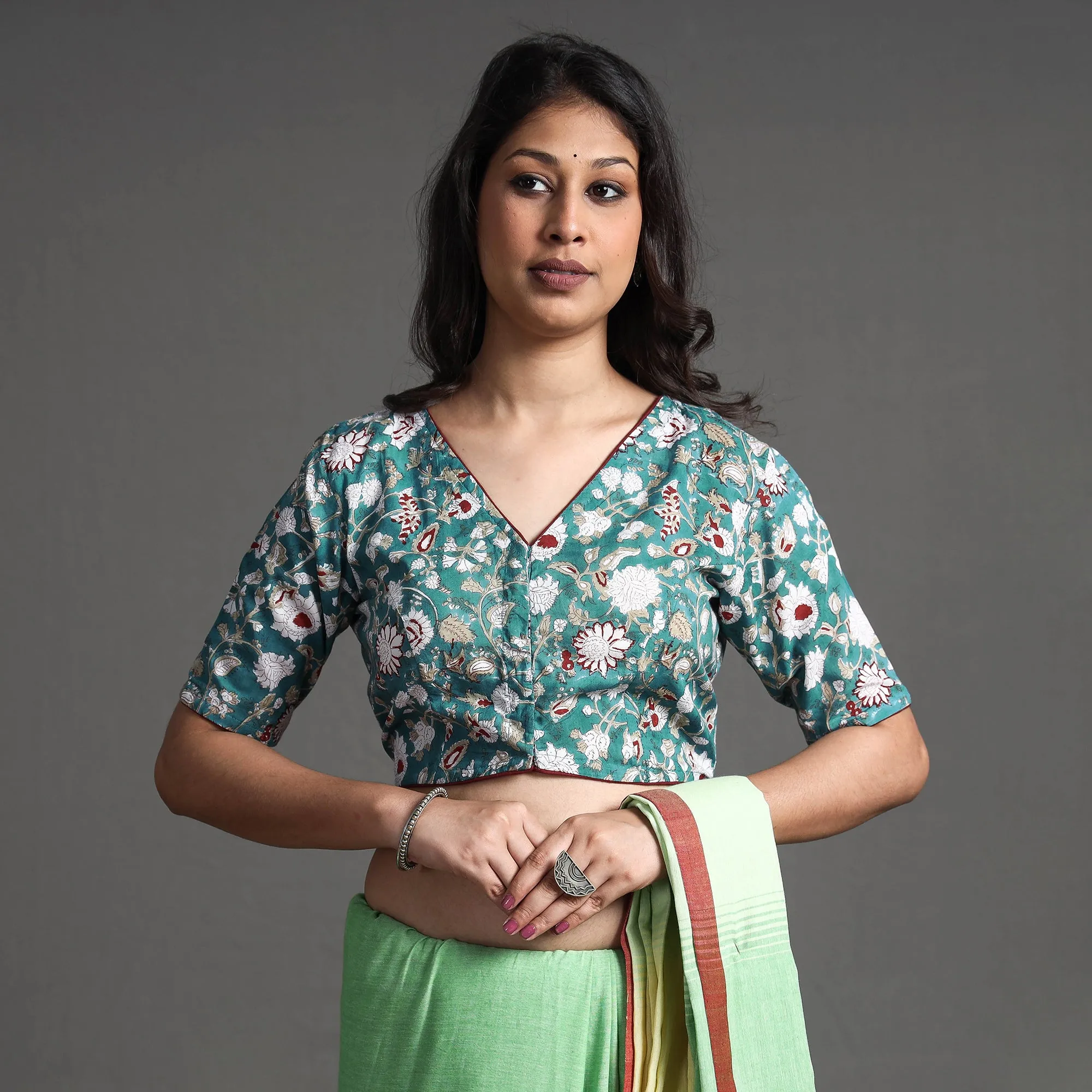 Green - Sanganeri Block Printed Cotton Stitched Blouse
