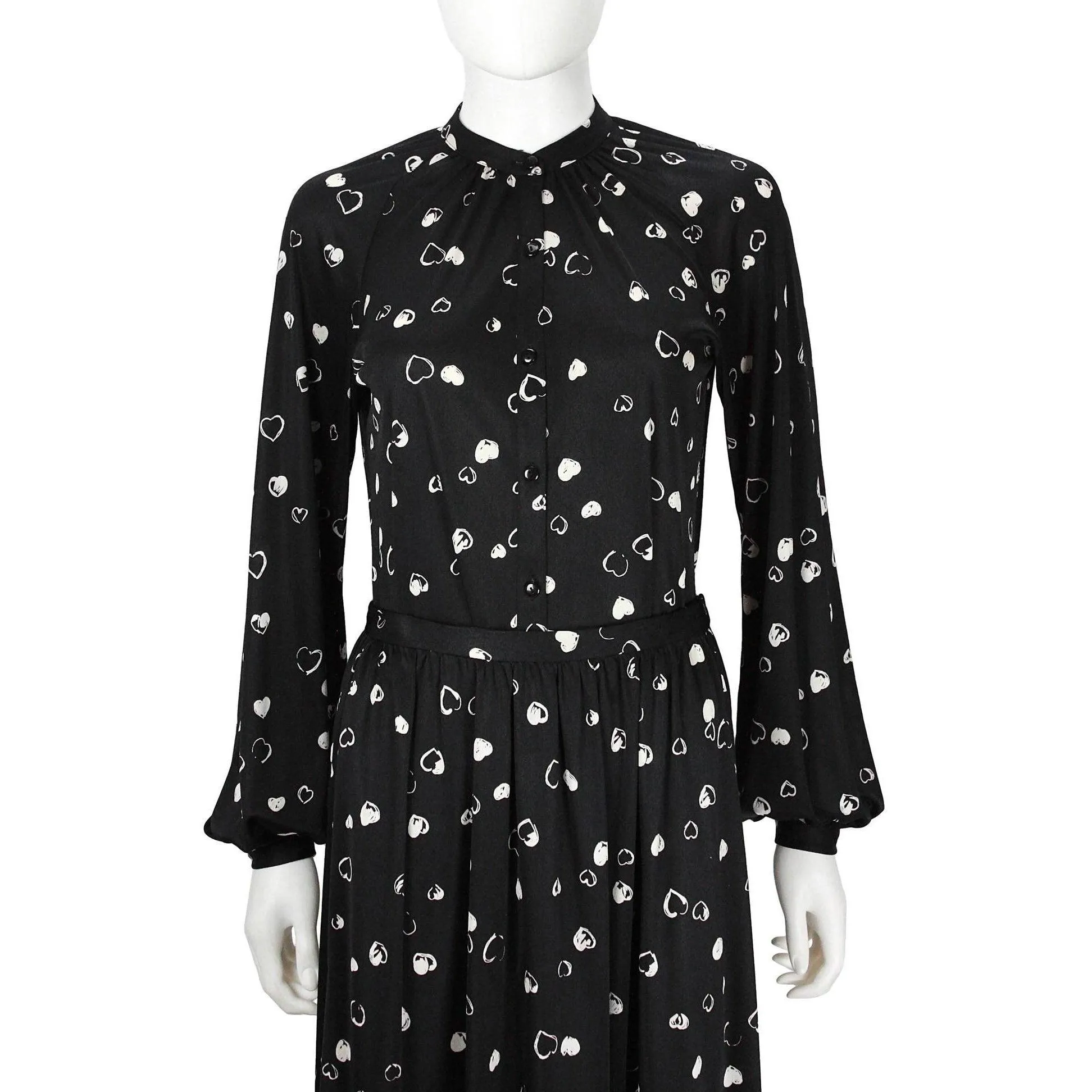 Halston Black and White Hearts Blouse and Skirt Set | US 8