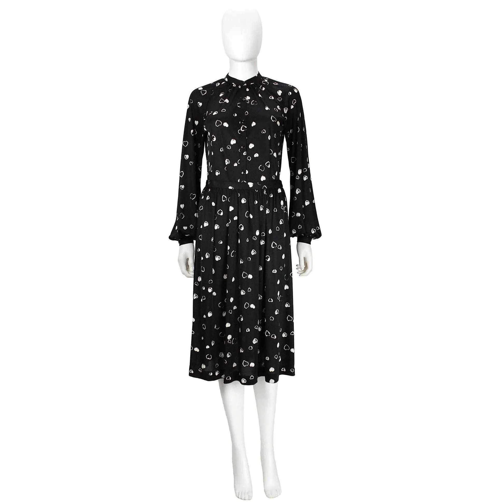 Halston Black and White Hearts Blouse and Skirt Set | US 8