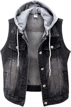 Kedera Women's Distressed Sleeveless Denim Vest with Detachable Hoodie