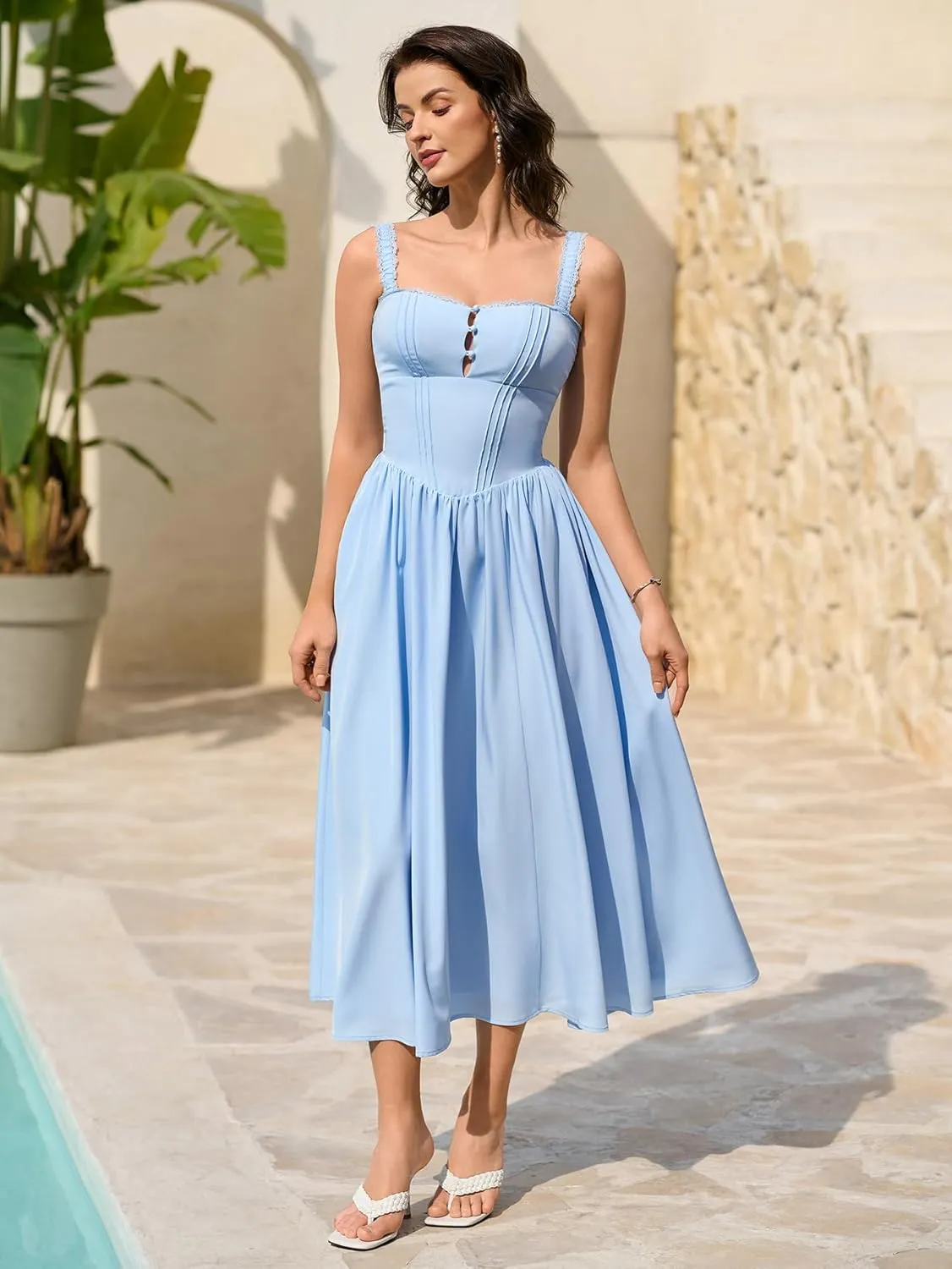 KUTUMAI Women Summer Lace Square Neck Midi Dress Corset Smocked Flowy A Line Beach Wedding Guest Dresses with Pockets