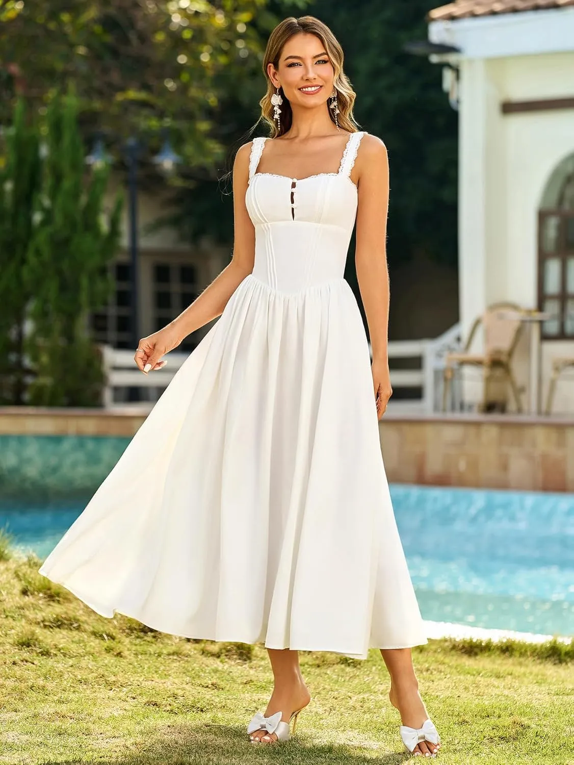 KUTUMAI Women Summer Lace Square Neck Midi Dress Corset Smocked Flowy A Line Beach Wedding Guest Dresses with Pockets