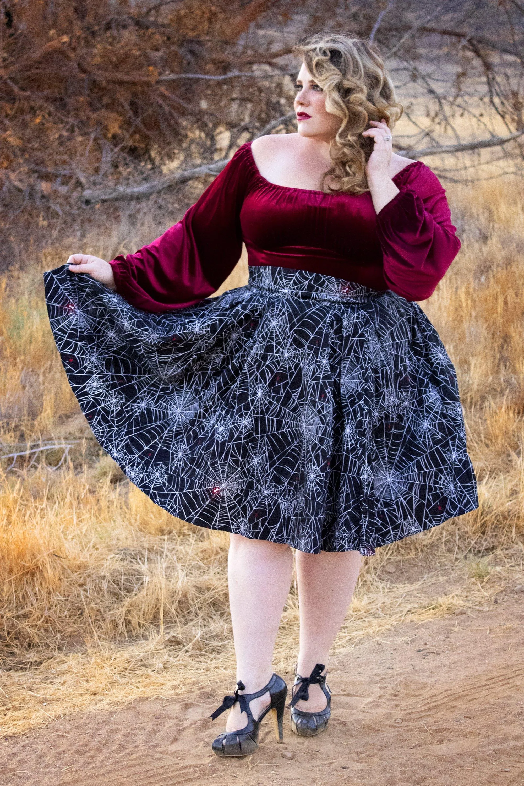 Little Jun Pleated Box Skirt in Black Widow Spider Web Print Sateen | Laura Byrnes
