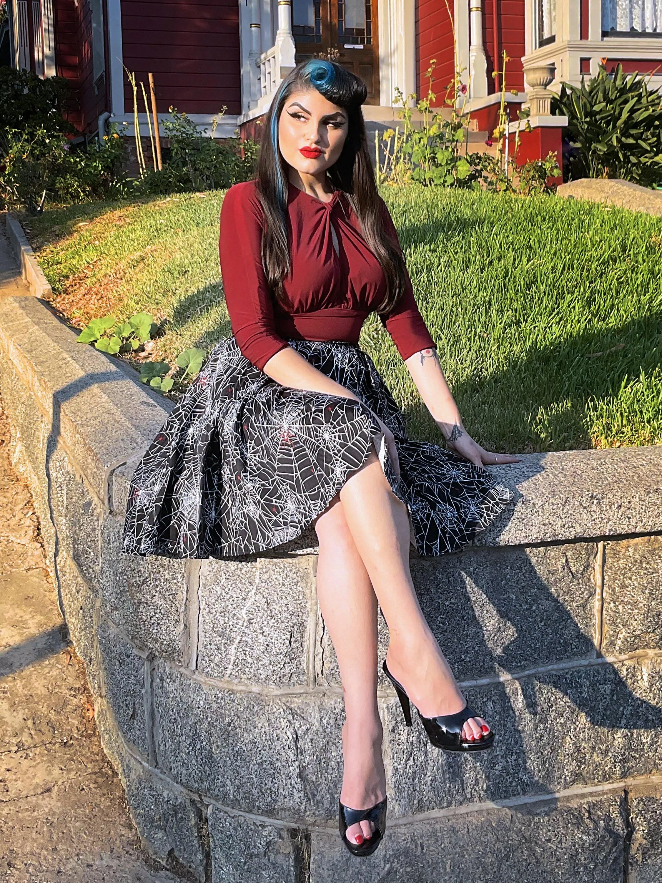 Little Jun Pleated Box Skirt in Black Widow Spider Web Print Sateen | Laura Byrnes