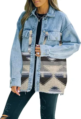 Lumister Women's Aztec Denim Jacket Distressed Lapel Long Sleeve Vintage Button Down Denim Jacket Shacket