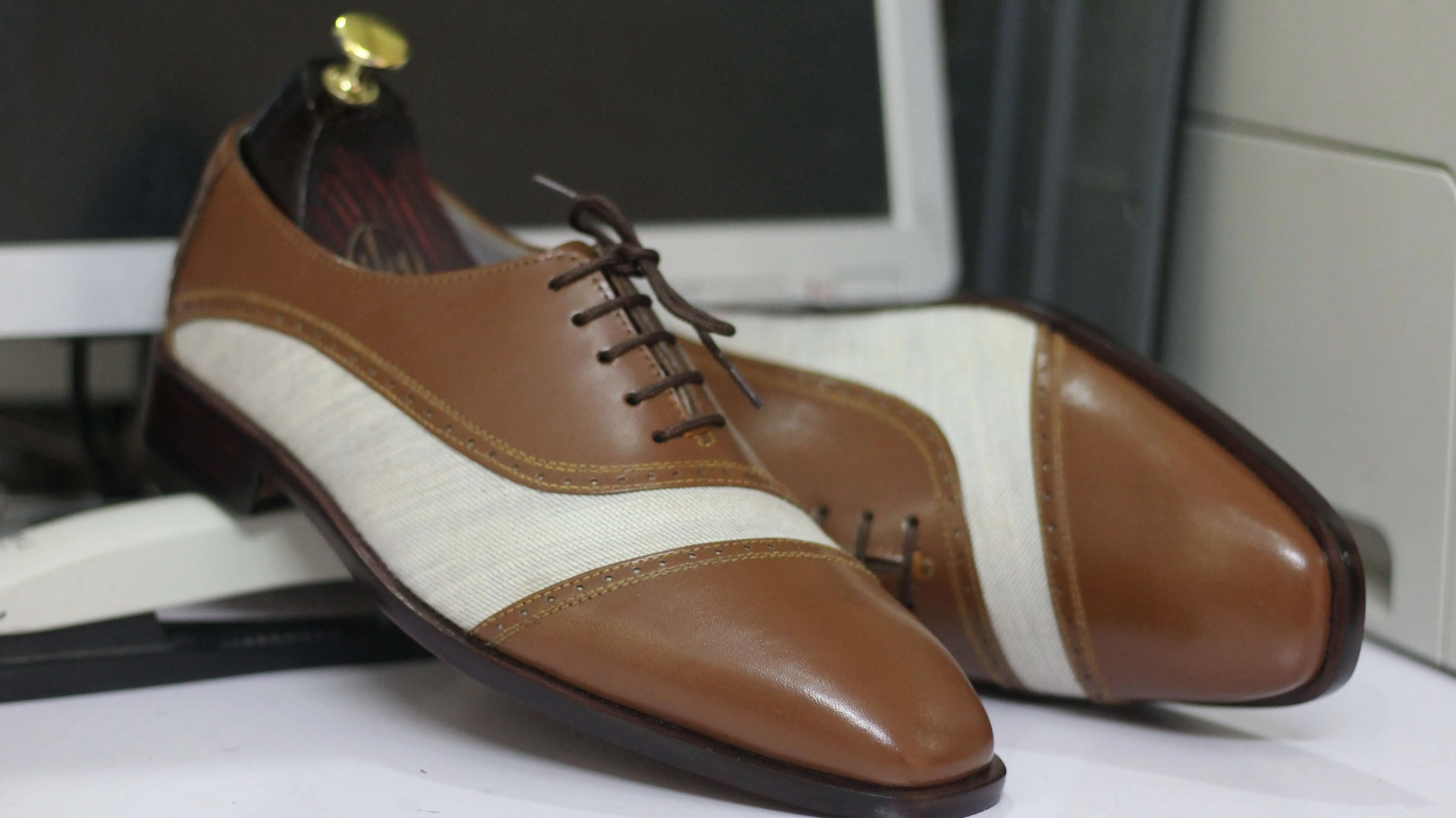 Men's Brown White Pure Leather Shoes, Handmade Men's Lace Up Style Shoes