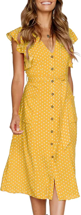 MITILLY Women's Boho Polka Dot Flutter Short Sleeve V Neck Button Down Swing Midi Dress with Pockets