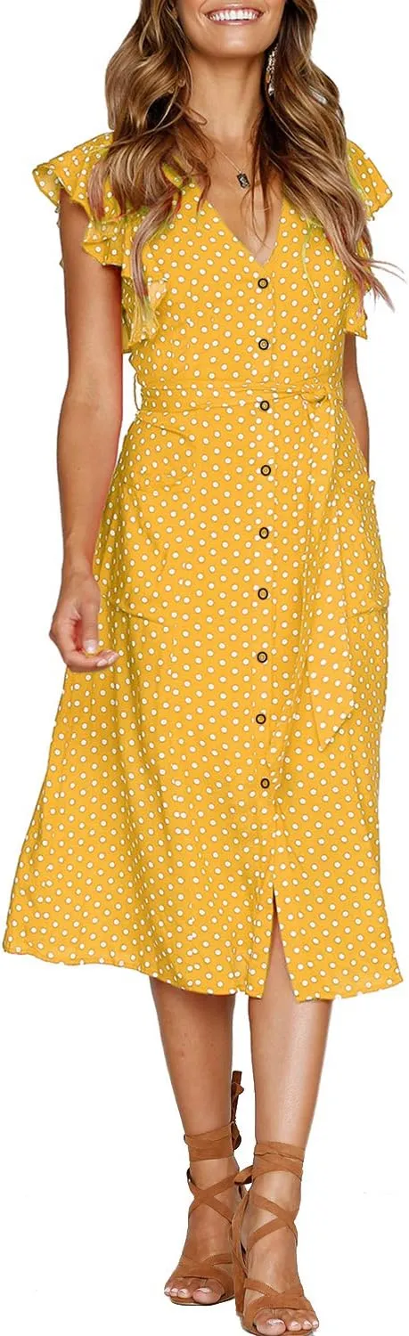 MITILLY Women's Boho Polka Dot Flutter Short Sleeve V Neck Button Down Swing Midi Dress with Pockets