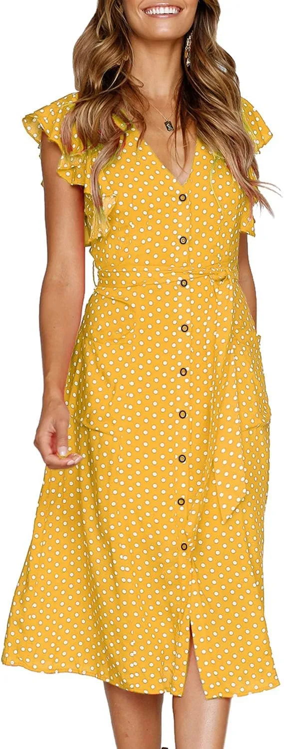 MITILLY Women's Boho Polka Dot Flutter Short Sleeve V Neck Button Down Swing Midi Dress with Pockets