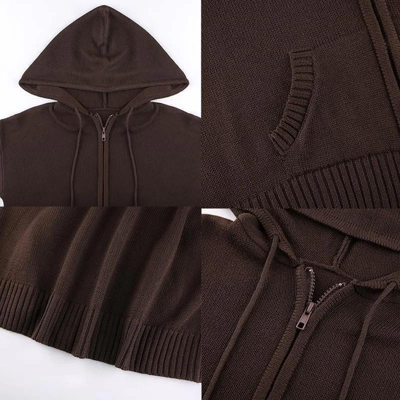 MOLERFO Women's Cropped Zip Up Hoodie Knitted Vintage Hooded Sweater Y2k Ribbed Knit Drawstring Cardigan with Pocket