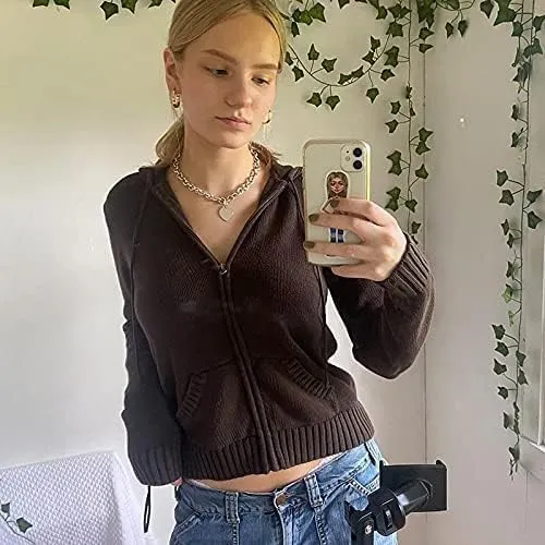 MOLERFO Women's Cropped Zip Up Hoodie Knitted Vintage Hooded Sweater Y2k Ribbed Knit Drawstring Cardigan with Pocket
