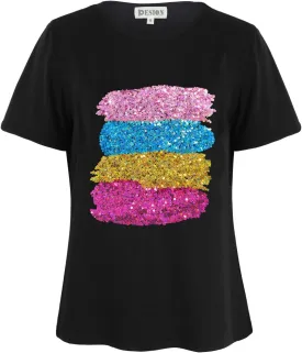 PESION Womens Short Sleeve T-Shirt Sequined Tops O-Neck Funny Graphic Tees Blouse