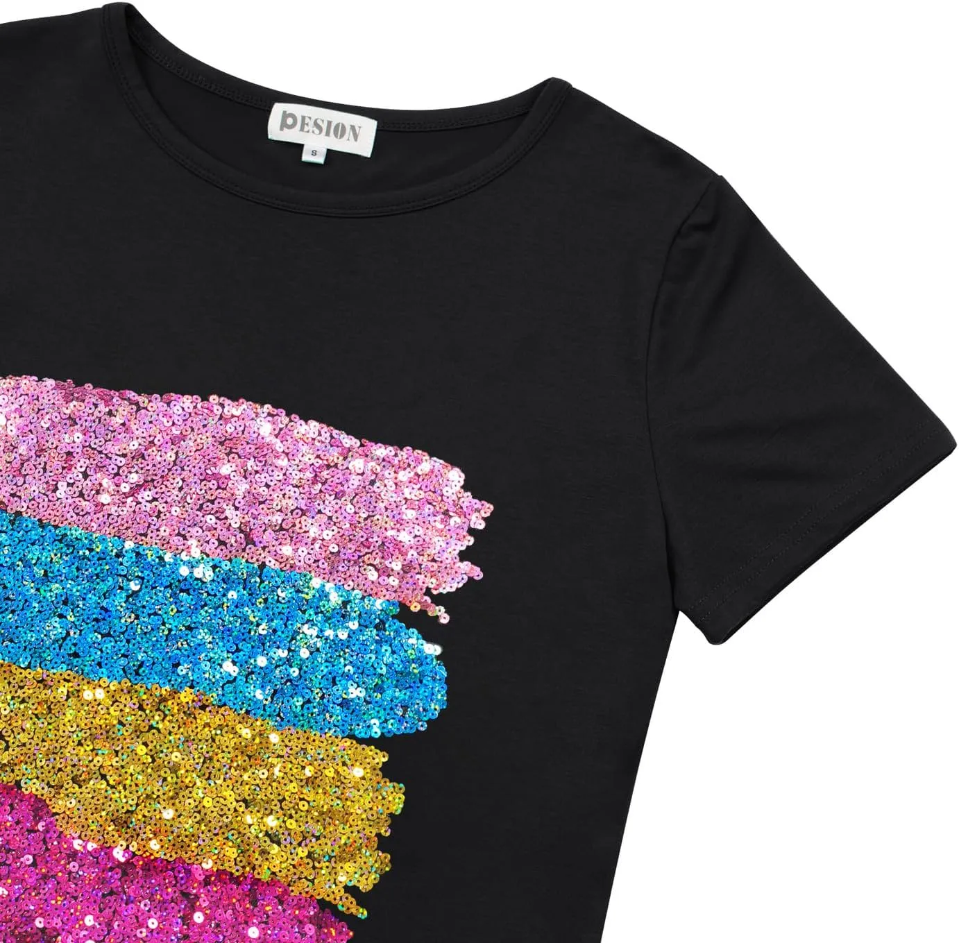 PESION Womens Short Sleeve T-Shirt Sequined Tops O-Neck Funny Graphic Tees Blouse