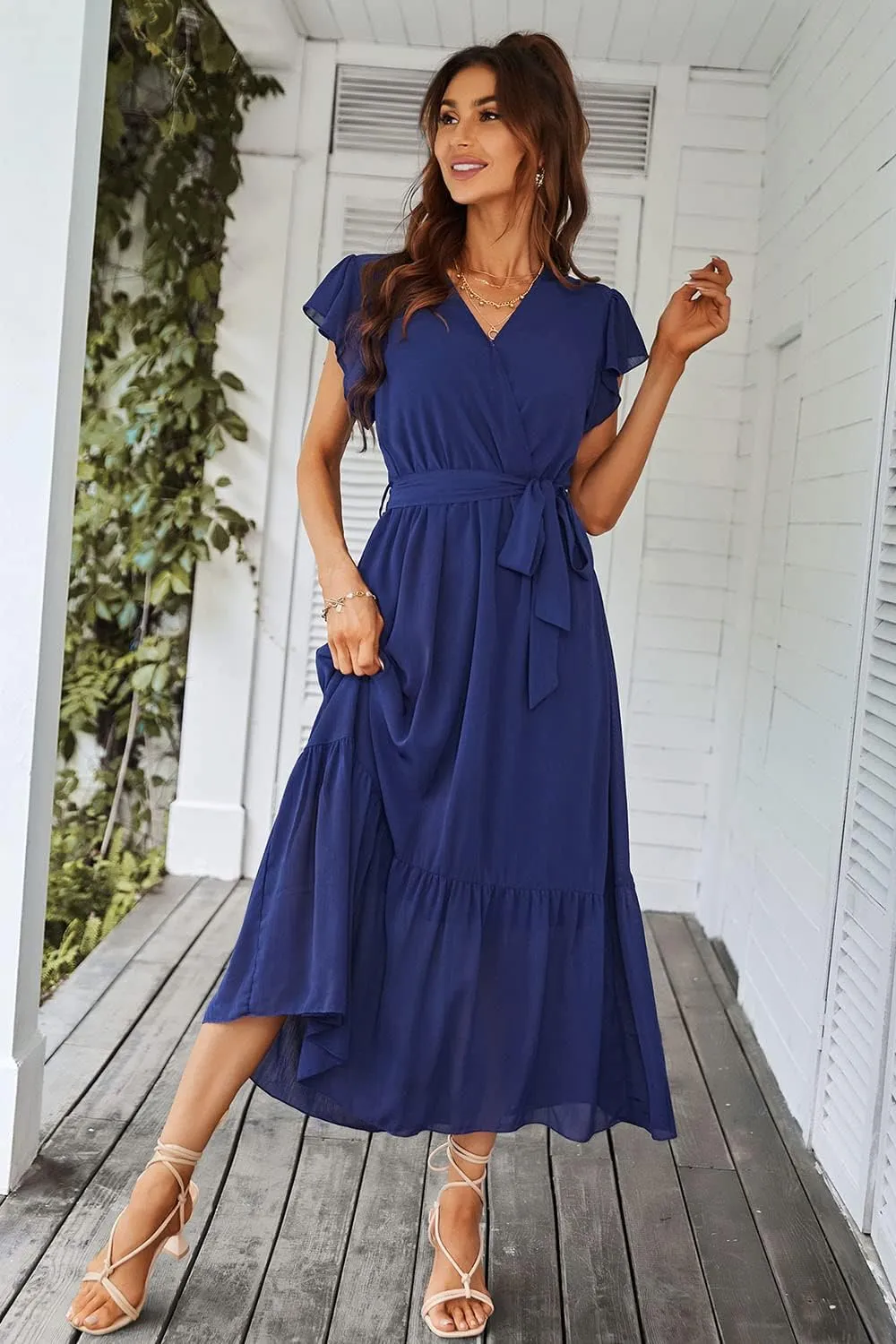 PRETTYGARDEN Women's Summer Floral Boho Maxi Dress Wrap Short Sleeve V Neck Ruffle A-Line Flowy Wedding Guest Long Dresses