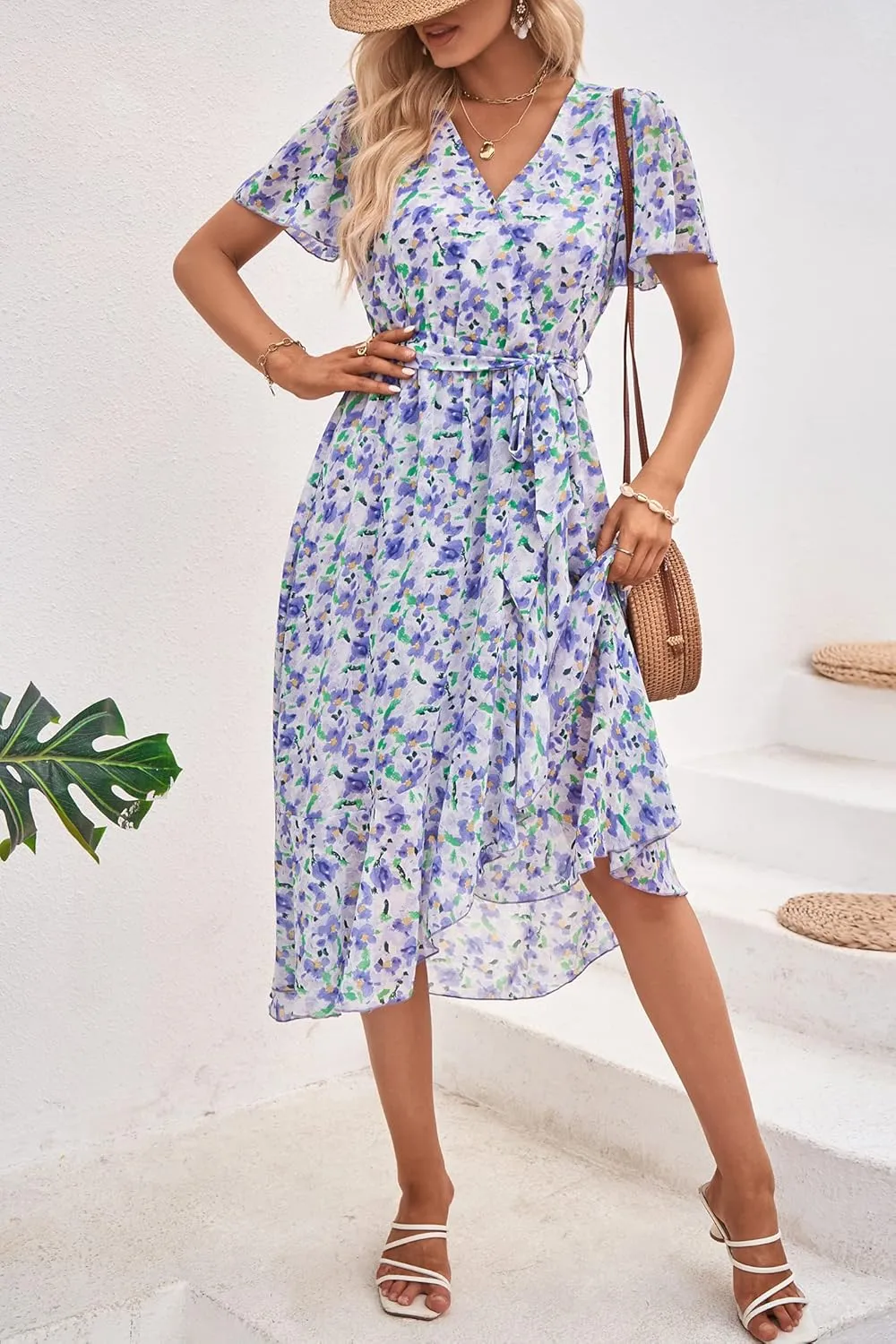 PRETTYGARDEN Women's Summer Floral Boho Maxi Dress Wrap Short Sleeve V Neck Ruffle A-Line Flowy Wedding Guest Long Dresses