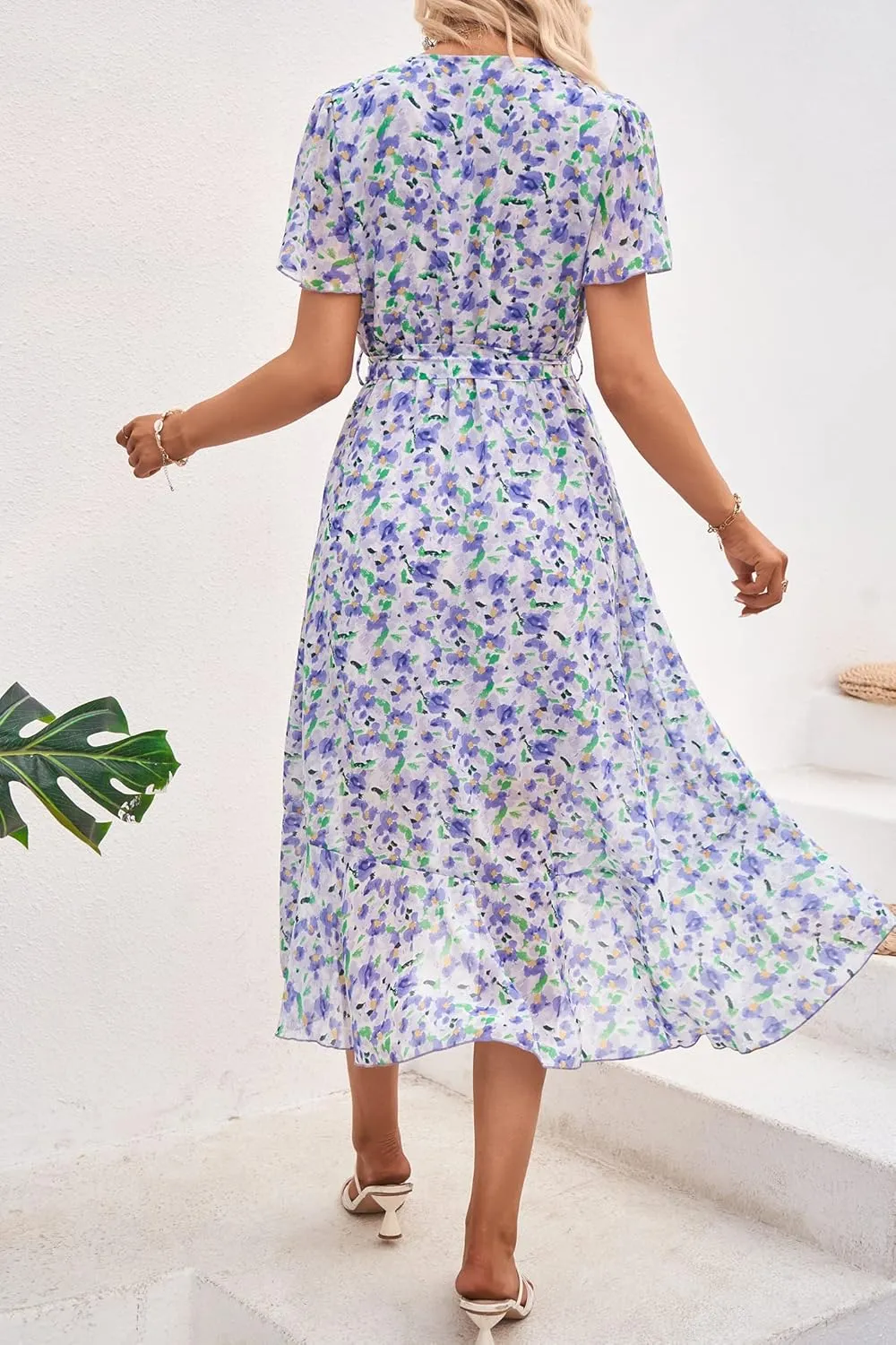 PRETTYGARDEN Women's Summer Floral Boho Maxi Dress Wrap Short Sleeve V Neck Ruffle A-Line Flowy Wedding Guest Long Dresses