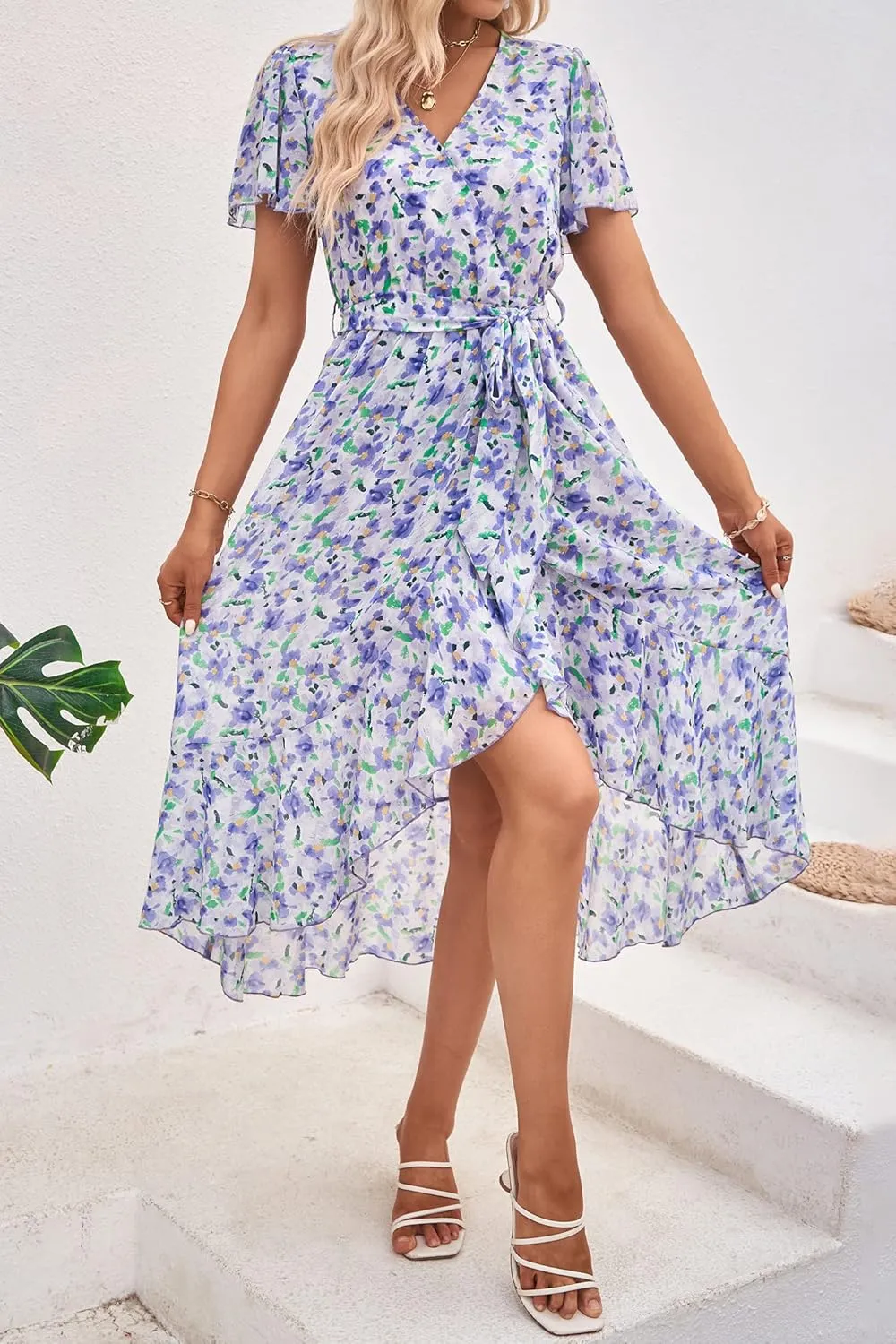 PRETTYGARDEN Women's Summer Floral Boho Maxi Dress Wrap Short Sleeve V Neck Ruffle A-Line Flowy Wedding Guest Long Dresses