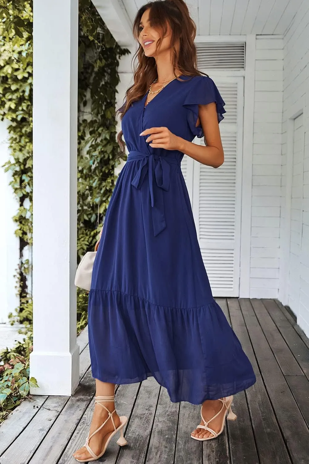 PRETTYGARDEN Women's Summer Floral Boho Maxi Dress Wrap Short Sleeve V Neck Ruffle A-Line Flowy Wedding Guest Long Dresses