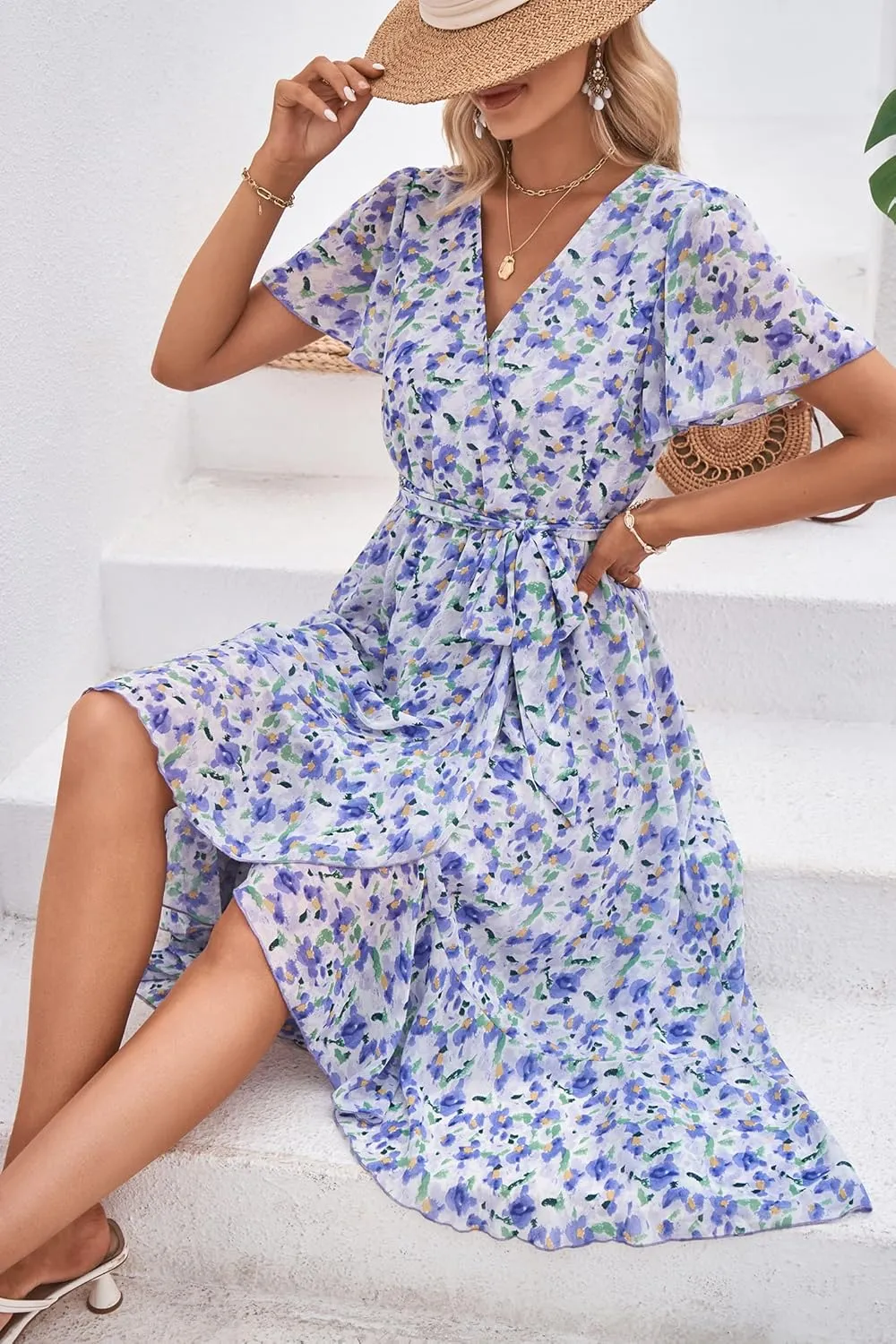 PRETTYGARDEN Women's Summer Floral Boho Maxi Dress Wrap Short Sleeve V Neck Ruffle A-Line Flowy Wedding Guest Long Dresses