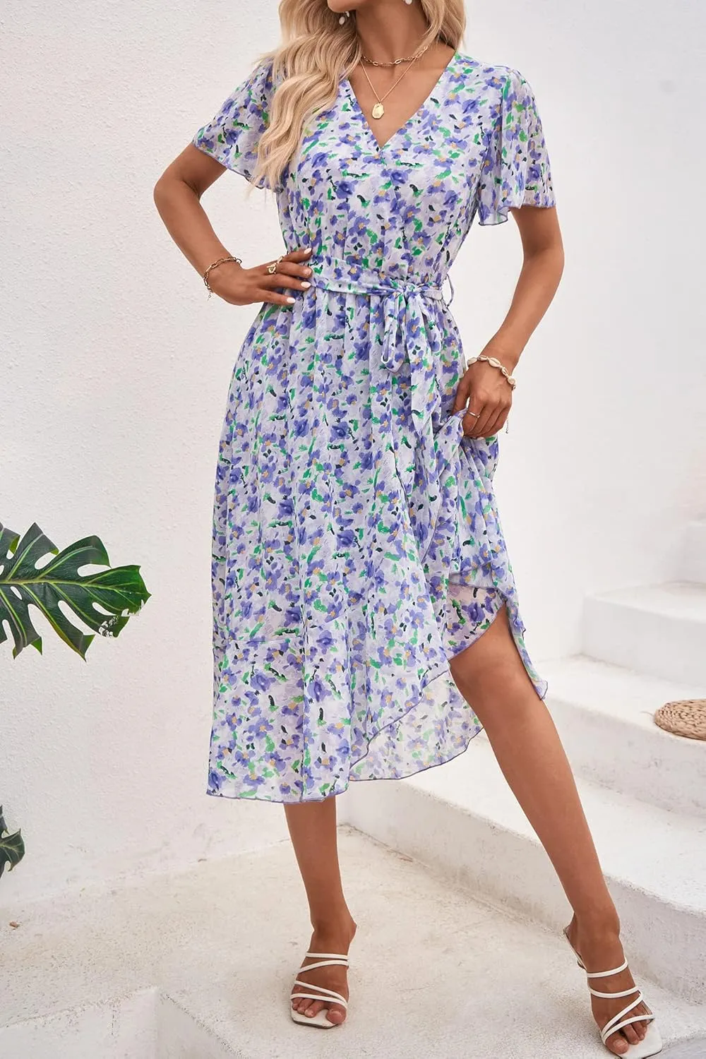 PRETTYGARDEN Women's Summer Floral Boho Maxi Dress Wrap Short Sleeve V Neck Ruffle A-Line Flowy Wedding Guest Long Dresses