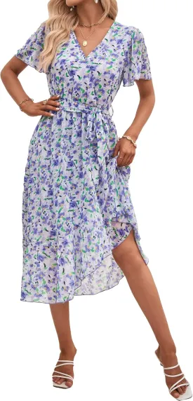 PRETTYGARDEN Women's Summer Floral Boho Maxi Dress Wrap Short Sleeve V Neck Ruffle A-Line Flowy Wedding Guest Long Dresses
