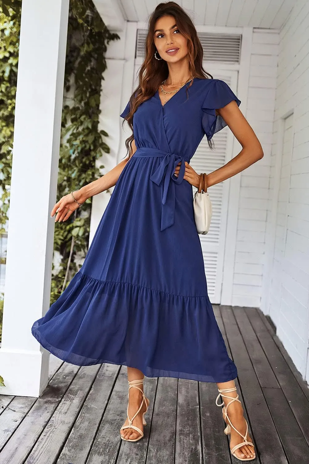 PRETTYGARDEN Women's Summer Floral Boho Maxi Dress Wrap Short Sleeve V Neck Ruffle A-Line Flowy Wedding Guest Long Dresses
