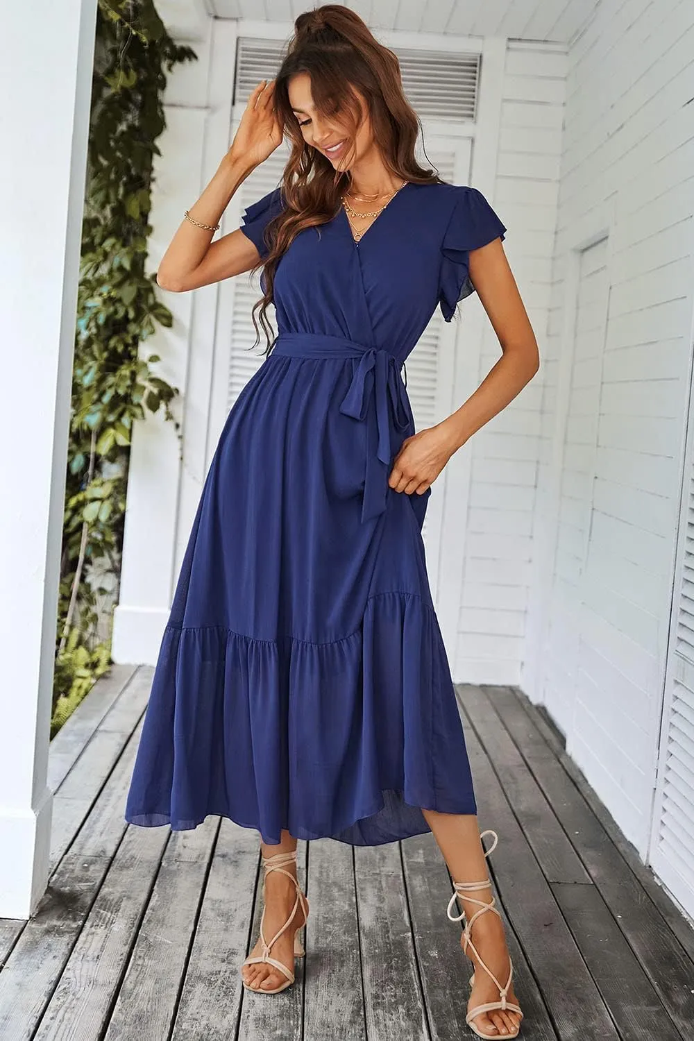 PRETTYGARDEN Women's Summer Floral Boho Maxi Dress Wrap Short Sleeve V Neck Ruffle A-Line Flowy Wedding Guest Long Dresses
