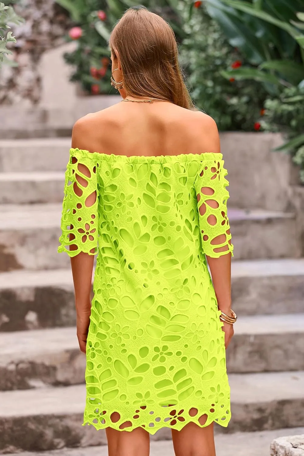 PRETTYGARDEN Women's Summer Off Shoulder Dresses Floral Lace Flare Short Sleeve Spring Vintage Elegant Mini Dress