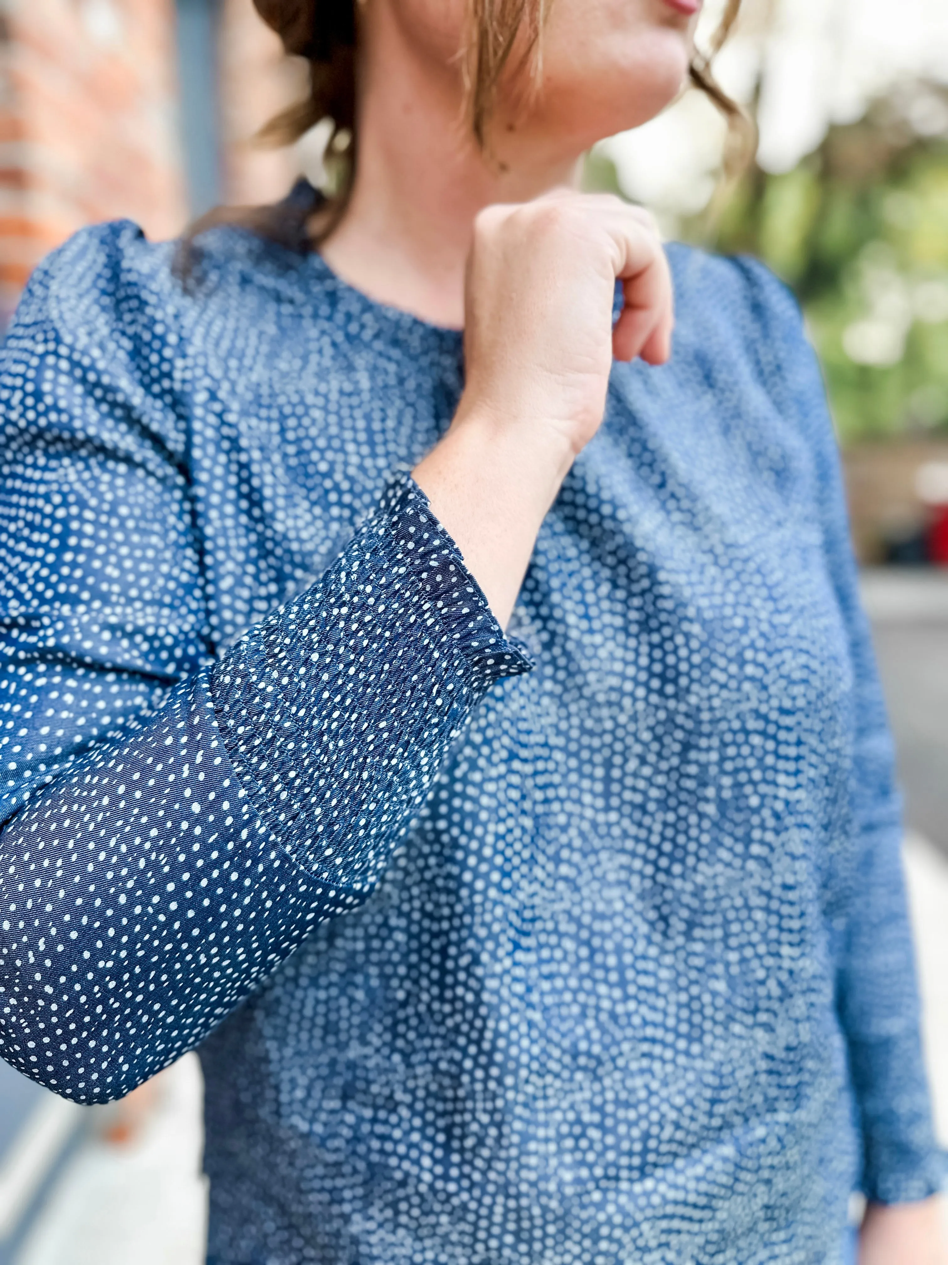 Pull-Over Blouse with Pleated Crew Neckline