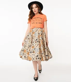 Retro Cream Halloween Print High Waist Swing Skirt