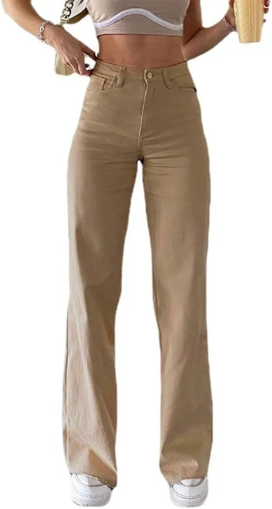 Retro Women's Vintage Streetwear High Waist Straight Pants, High Rise Straight Elastic Jeans (S Khaki)