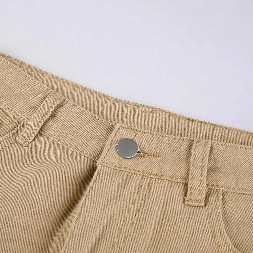 Retro Women's Vintage Streetwear High Waist Straight Pants, High Rise Straight Elastic Jeans (S Khaki)