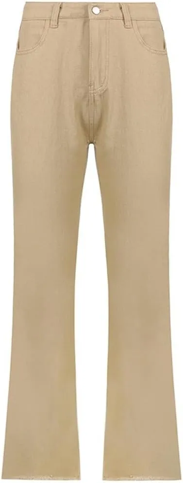 Retro Women's Vintage Streetwear High Waist Straight Pants, High Rise Straight Elastic Jeans (S Khaki)