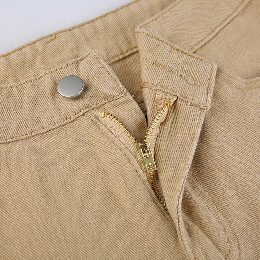 Retro Women's Vintage Streetwear High Waist Straight Pants, High Rise Straight Elastic Jeans (S Khaki)